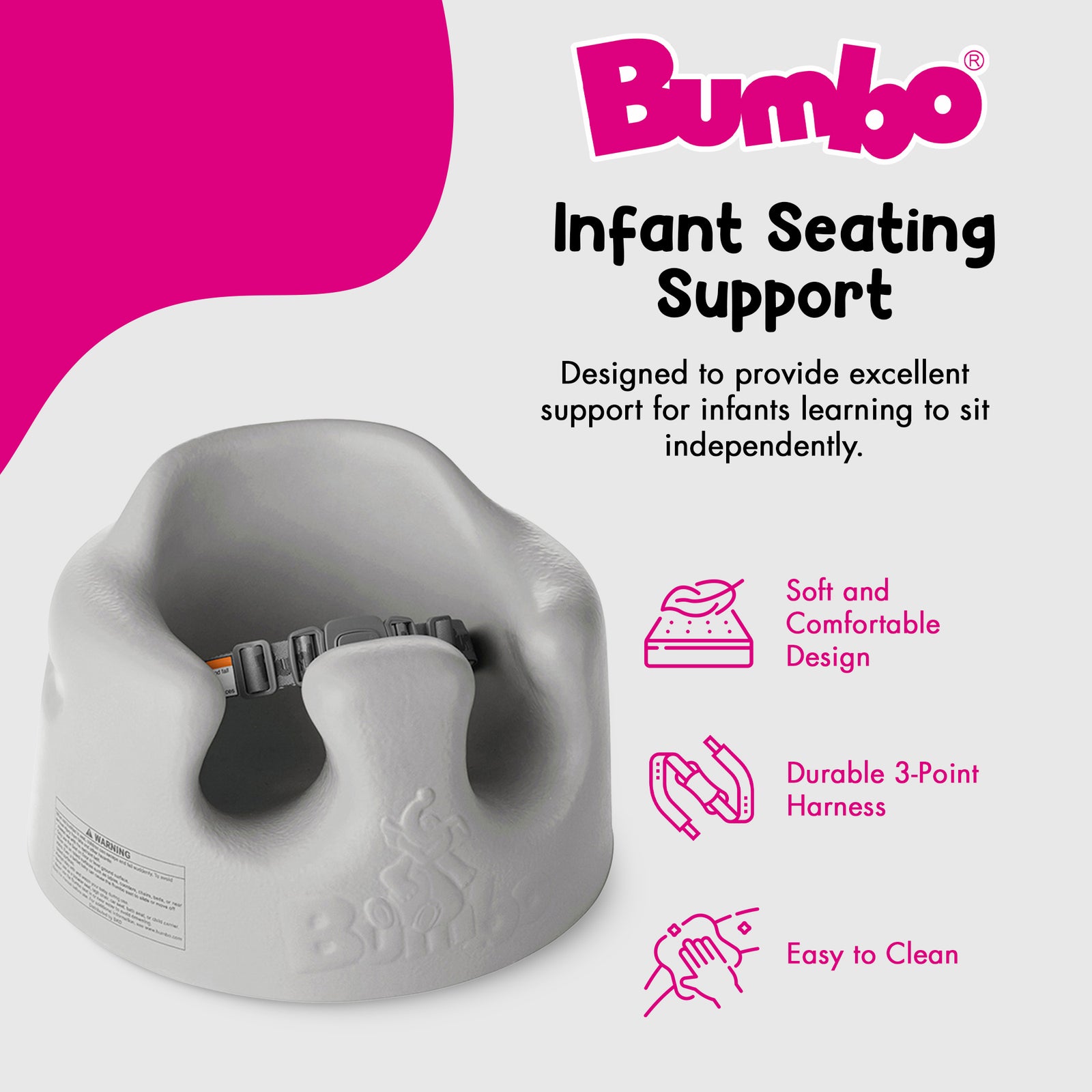 Bumbo Infant Floor Seat Baby Sit Up Chair with Adjustable Harness, Cool Gray - VMInnovations