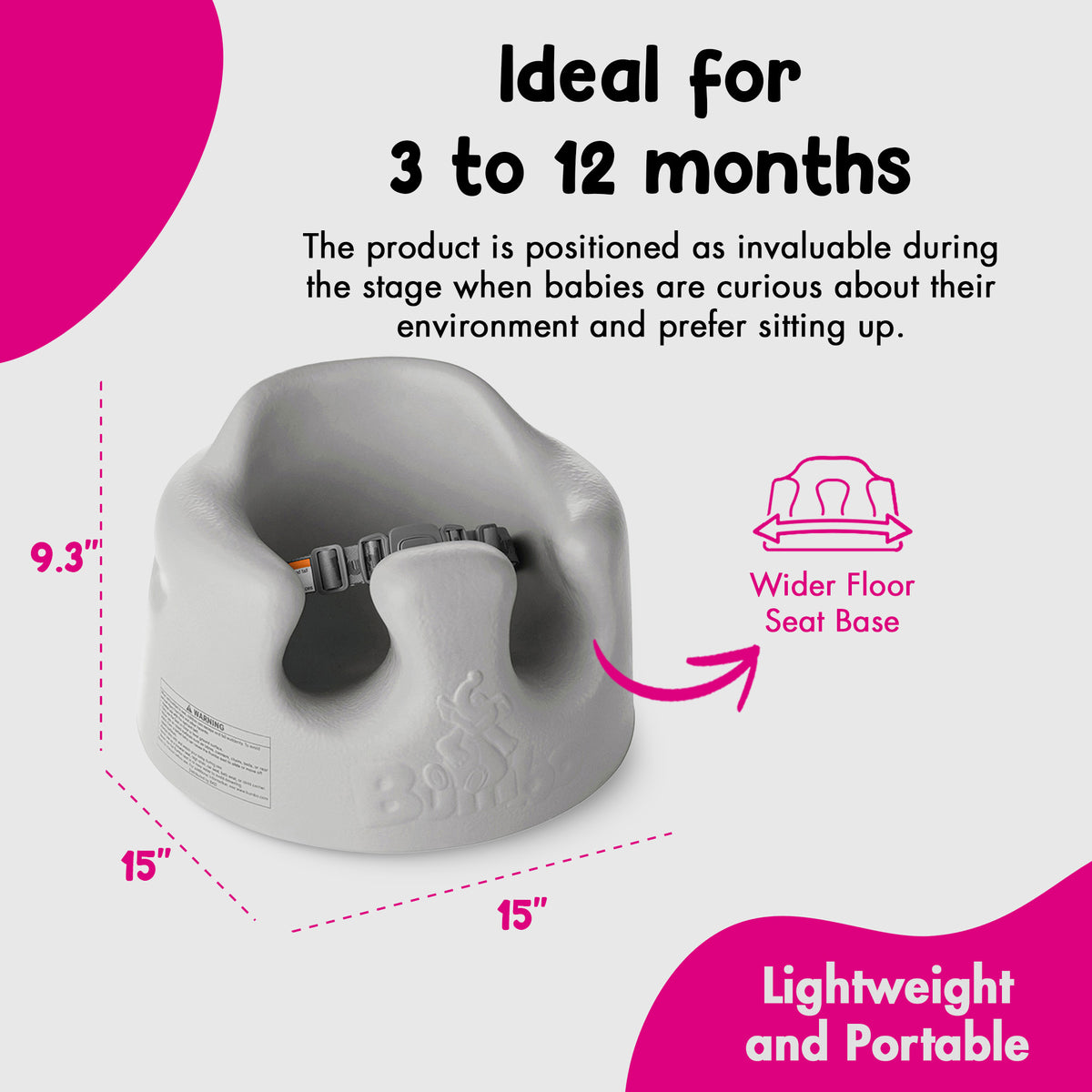 Bumbo Baby Infant Soft Foam Wide Floor Seat w/ 3 Point Harness, Gray (Used)