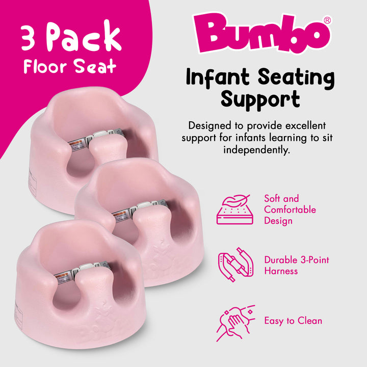 Bumbo Baby Soft Foam Wide Floor Seat w/3 Point Adjustable Harness, 3 Pack, Pink