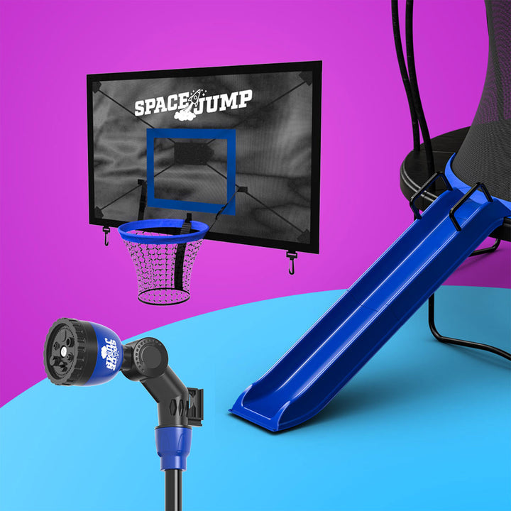 SpaceJump Lunar 14' Trampoline, Outdoor Ultimate Set with Slide, Hoop & Sprayer - VMInnovations