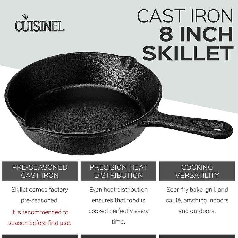 Cuisinel 8" Pre Seasoned Round Cast Iron Skillet Pan w/ Silicon Grip (Open Box)