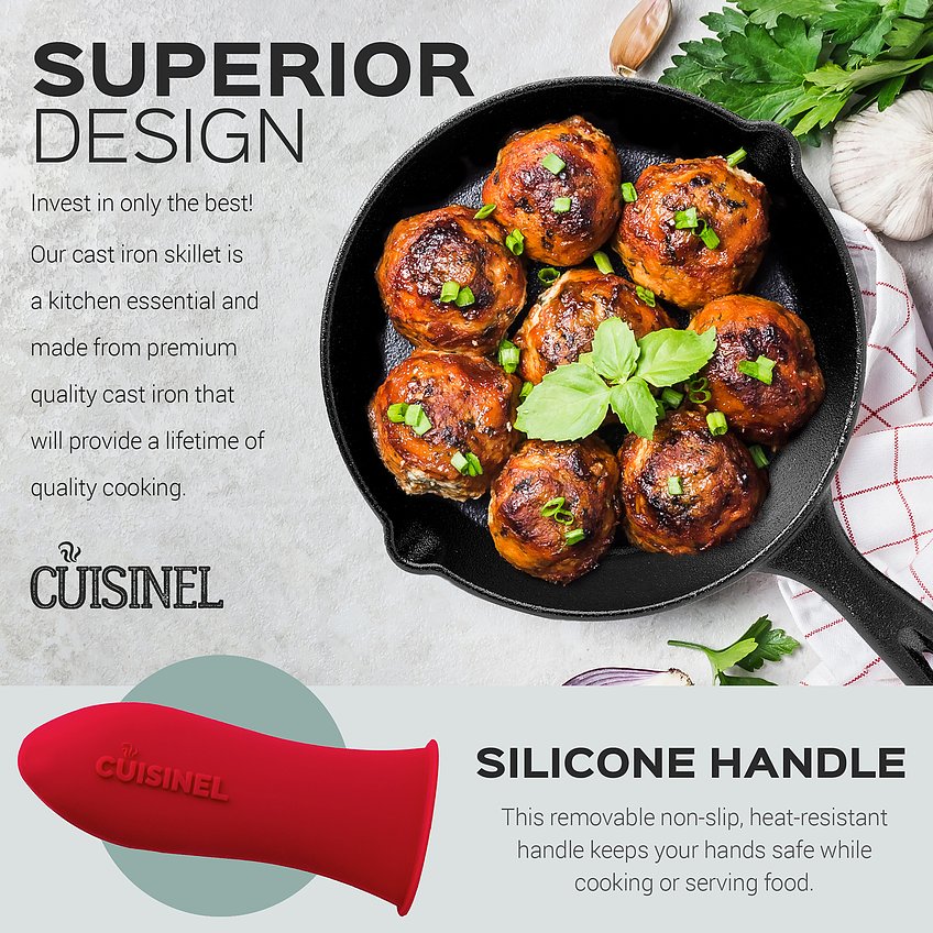 Cuisinel 8" Pre Seasoned Round Cast Iron Skillet Pan w/ Silicon Grip (Open Box)