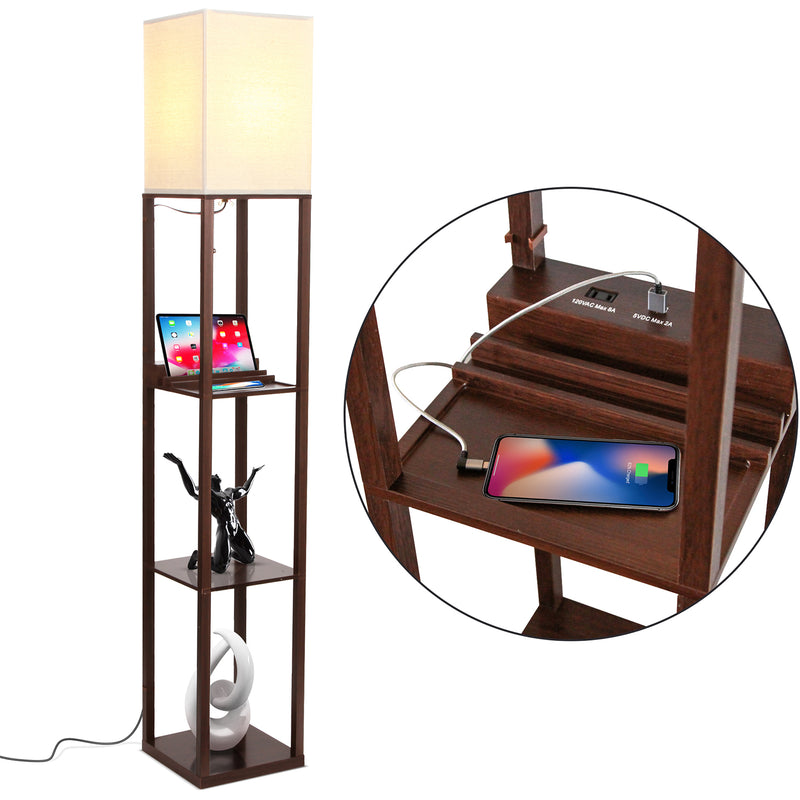 Brightech Maxwell Standing Tower Floor Lamp with Shelves and USB Port, Brown