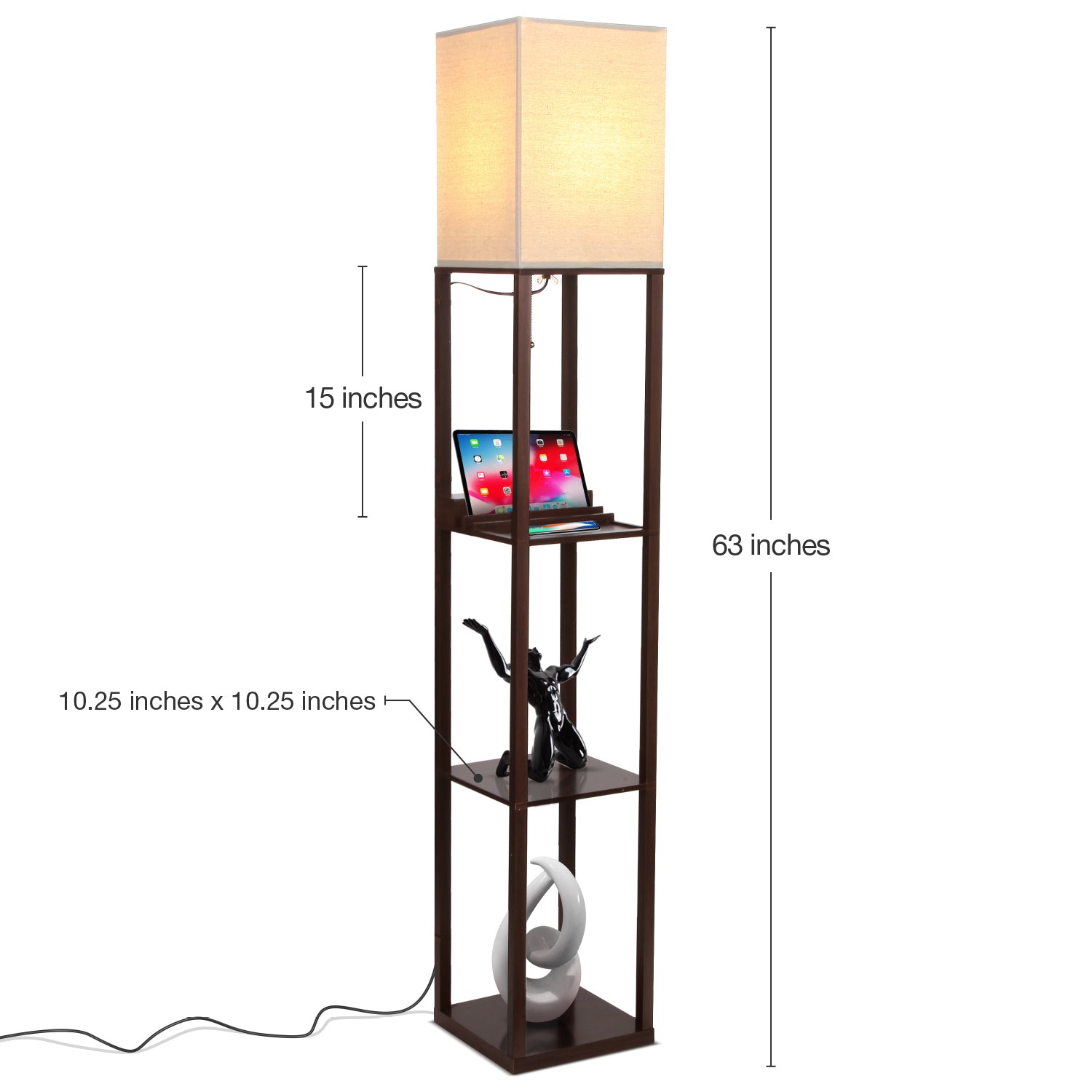 Brightech Maxwell Tower Floor Lamp with Shelves and USB Port, Brown (Used) - VMInnovations