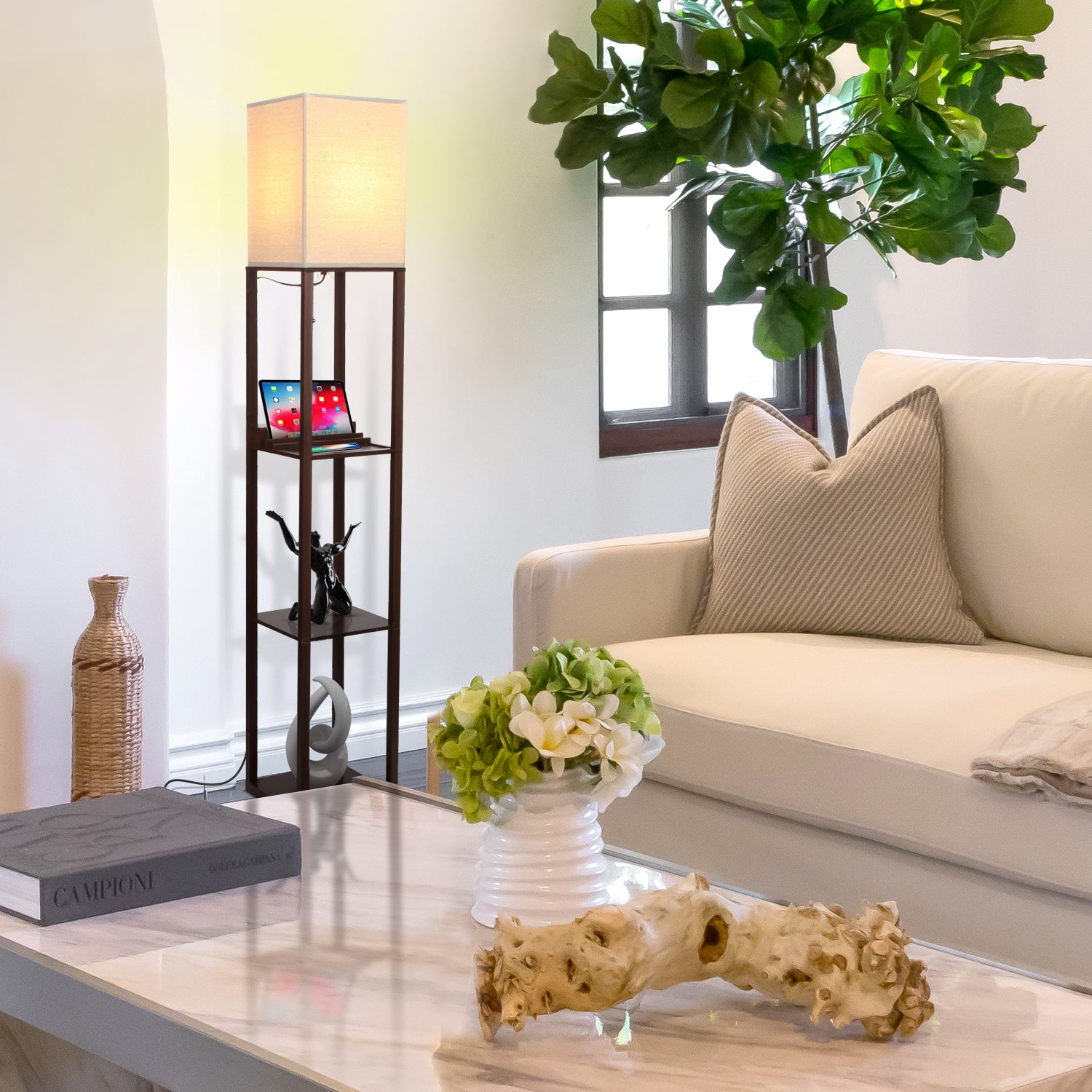 Brightech Maxwell Tower Floor Lamp with Shelves and USB Port, Brown (Used) - VMInnovations