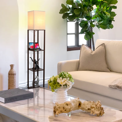 Brightech Maxwell Tower Floor Lamp with Shelves and USB Port, Brown (Used) - VMInnovations