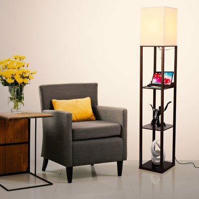 Brightech Maxwell Tower Floor Lamp with Shelves and USB Port, Brown (Used) - VMInnovations
