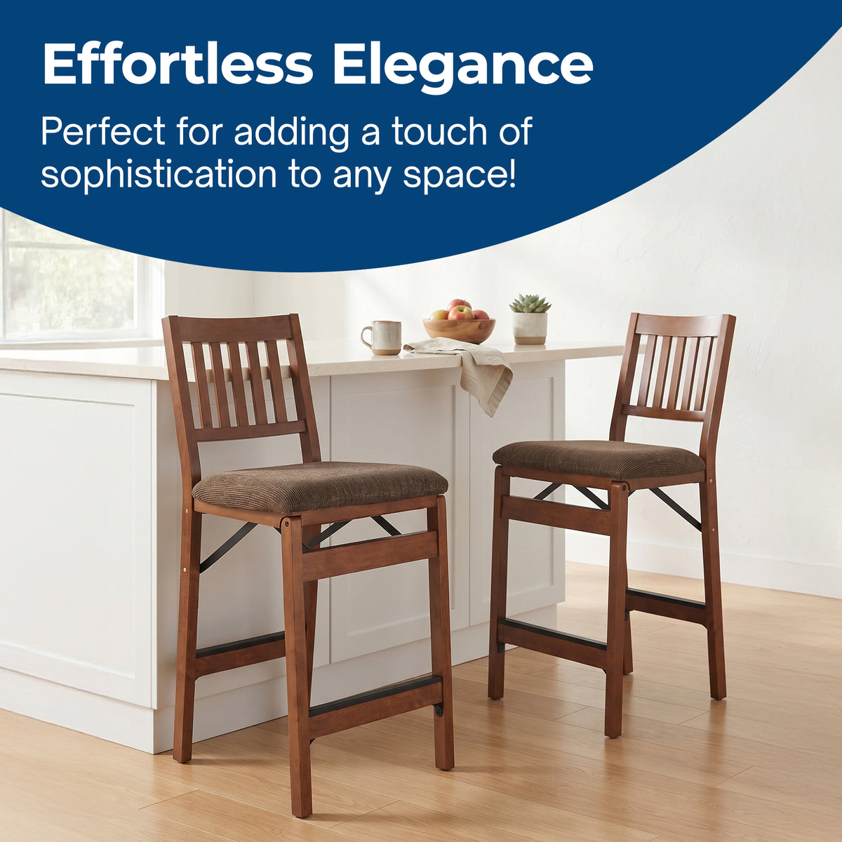 MECO Stakmore Fabric Upholstered Seat Folding Counter Stools, Fruitwood (2 Pack)