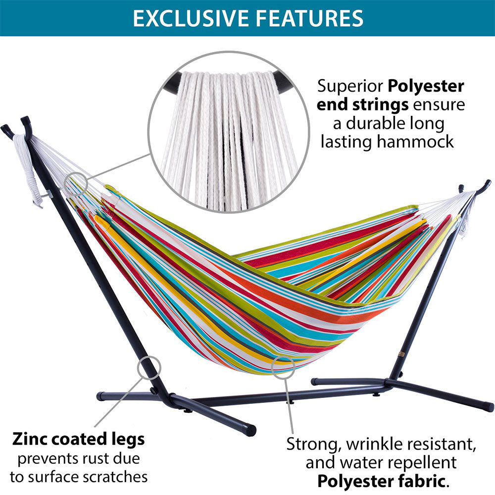 Vivere Double Polyester Easy Assemble Outdoor Hammock with Steel Stand, Ciao
