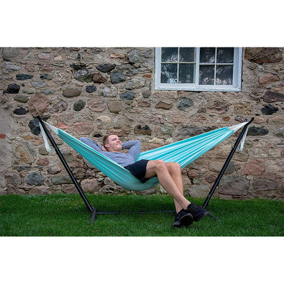 Vivere Double Polyester All Weather Hammock, Steel Stand Frame, Aqua (Open Box)