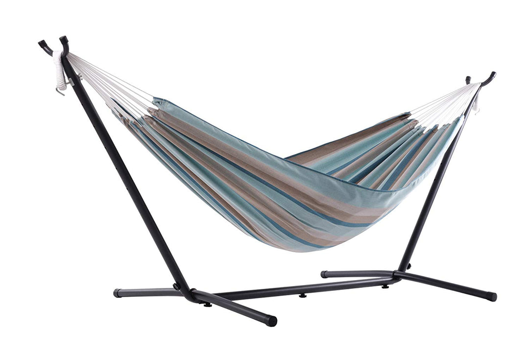 Vivere Brazilian Style Sunbrella Double Hammock with Steel Stand, Gateway Mist