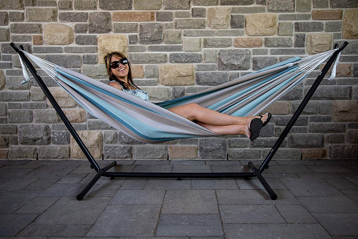 Vivere Brazilian Style Sunbrella Double Hammock with Steel Stand, Gateway Mist