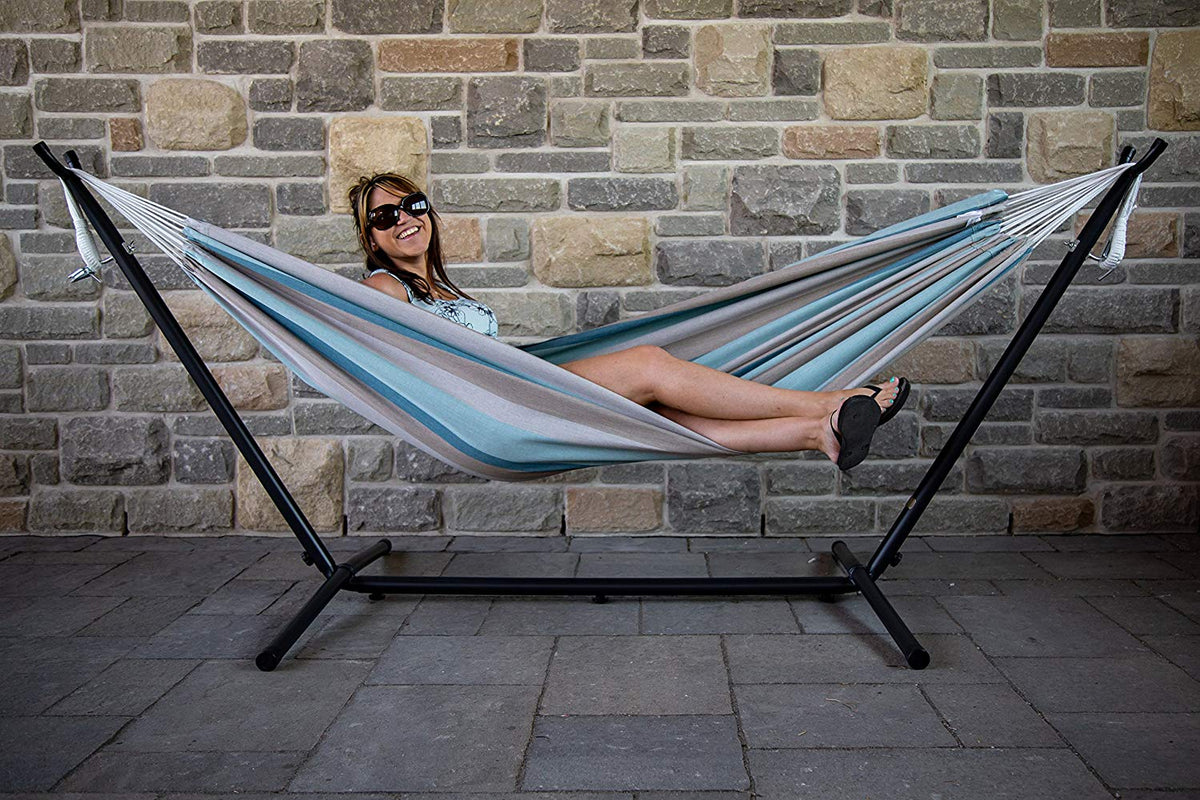 Vivere Brazilian Style Double Hammock with Steel Stand, Gateway Mist (Open Box)