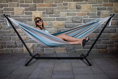 Vivere Brazilian Style Double Hammock with Steel Stand, Gateway Mist (Open Box)