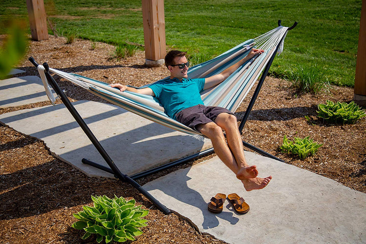 Vivere Brazilian Style Sunbrella Double Hammock with Steel Stand, Gateway Mist