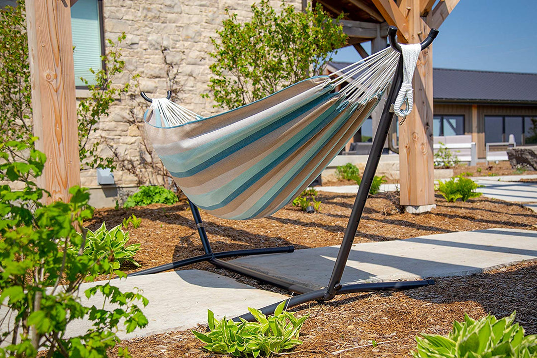 Vivere Brazilian Style Sunbrella Double Hammock with Steel Stand, Gateway Mist