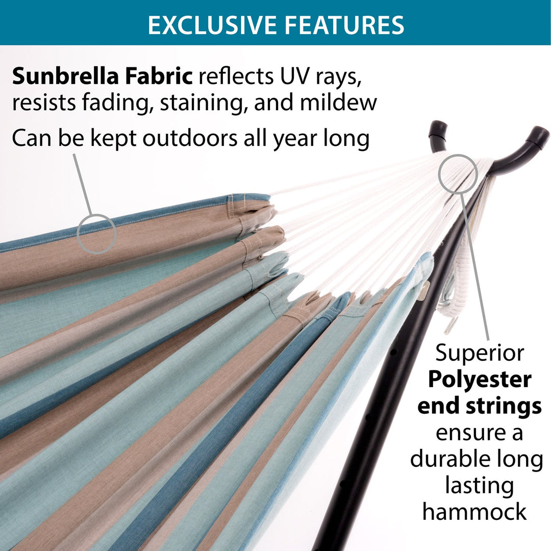 Vivere Brazilian Style Sunbrella Double Hammock with Steel Stand, Gateway Mist