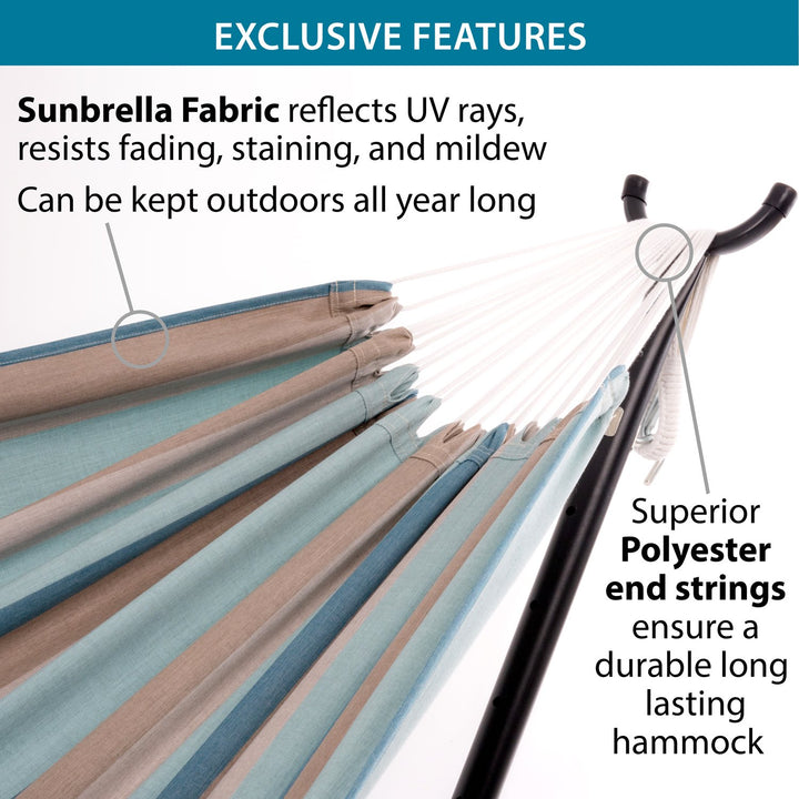 Vivere Brazilian Style Sunbrella Double Hammock with Steel Stand, Gateway Mist