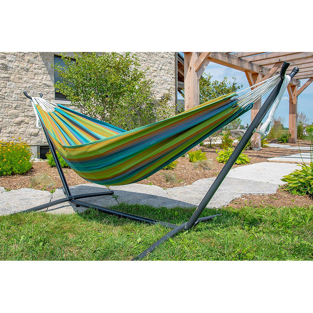 Vivere Brazilian Style Sunbrella Outdoor Double Hammock with Steel Stand, Lagoon