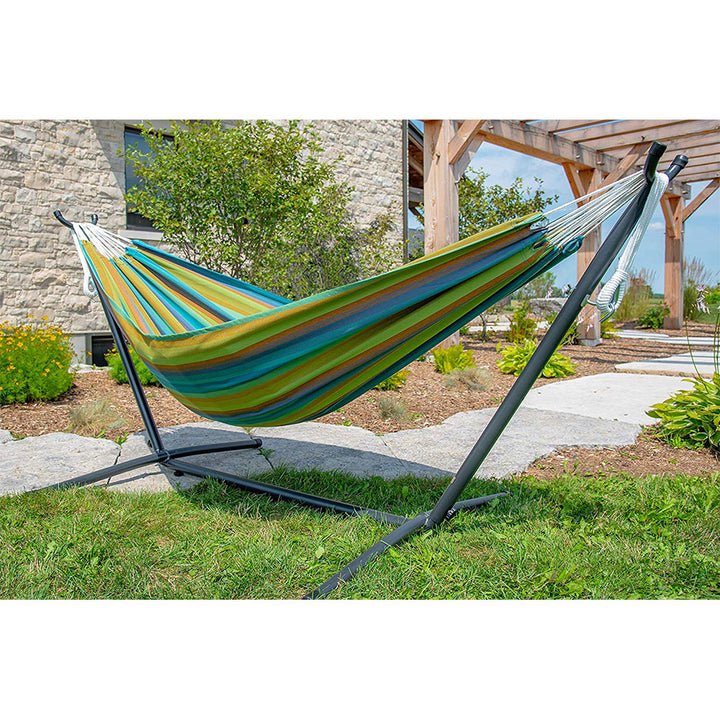 Vivere Brazilian Style Sunbrella Outdoor Double Hammock with Steel Stand, Lagoon