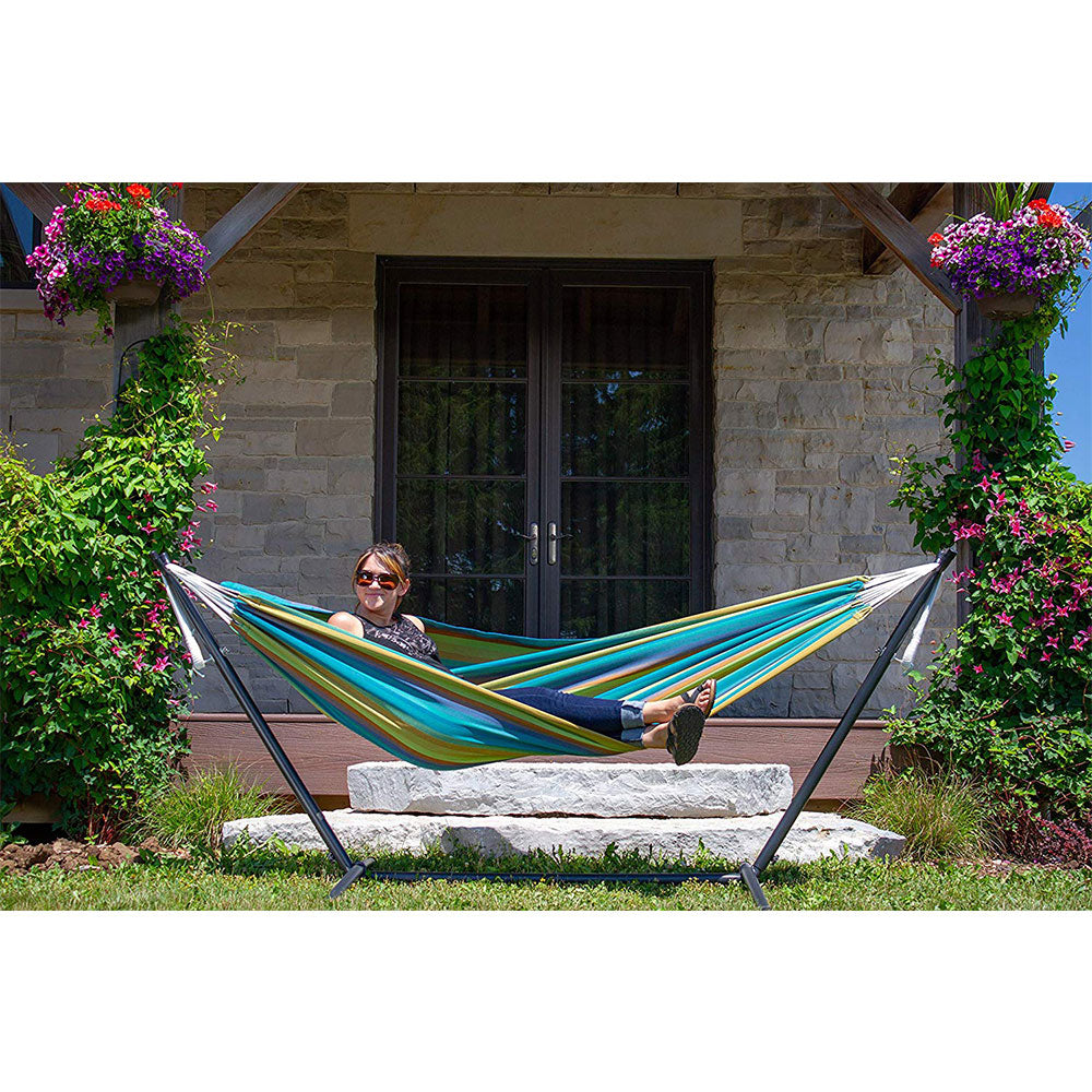 Vivere Brazilian Style Sunbrella Outdoor Double Hammock with Steel Stand, Lagoon