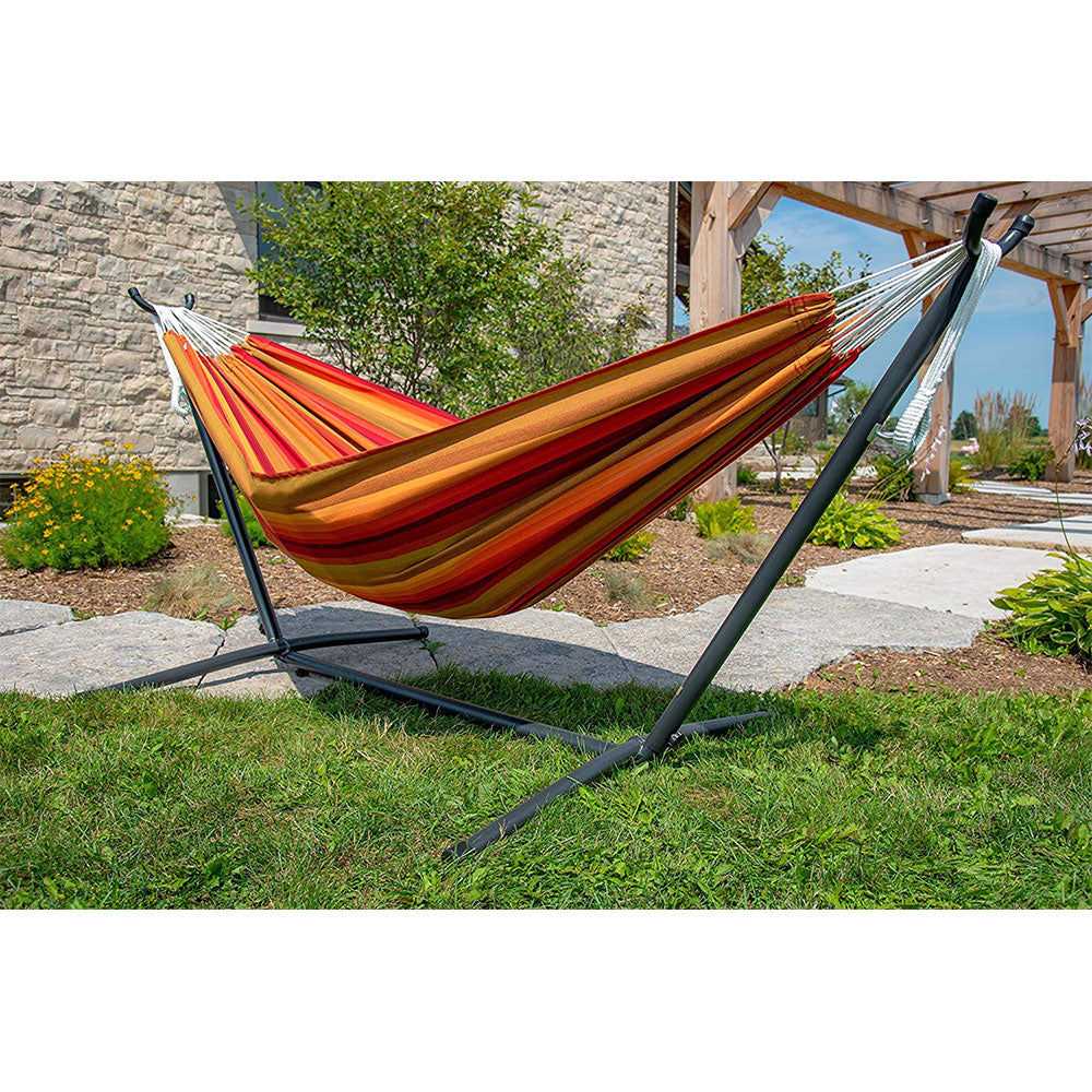 Vivere Brazilian Style Sunbrella Double Hammock with Steel Stand Combo, Sunset - VMInnovations