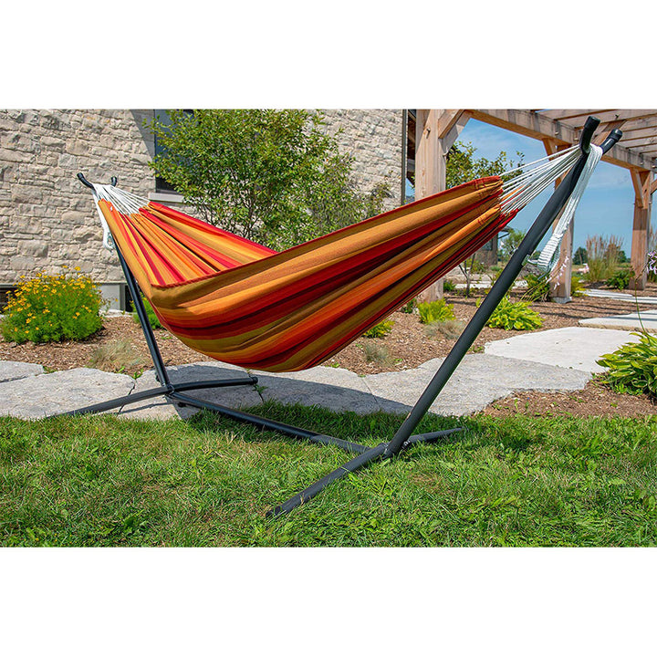 Vivere Brazilian Style Sunbrella Double Hammock with Steel Stand Combo, Sunset