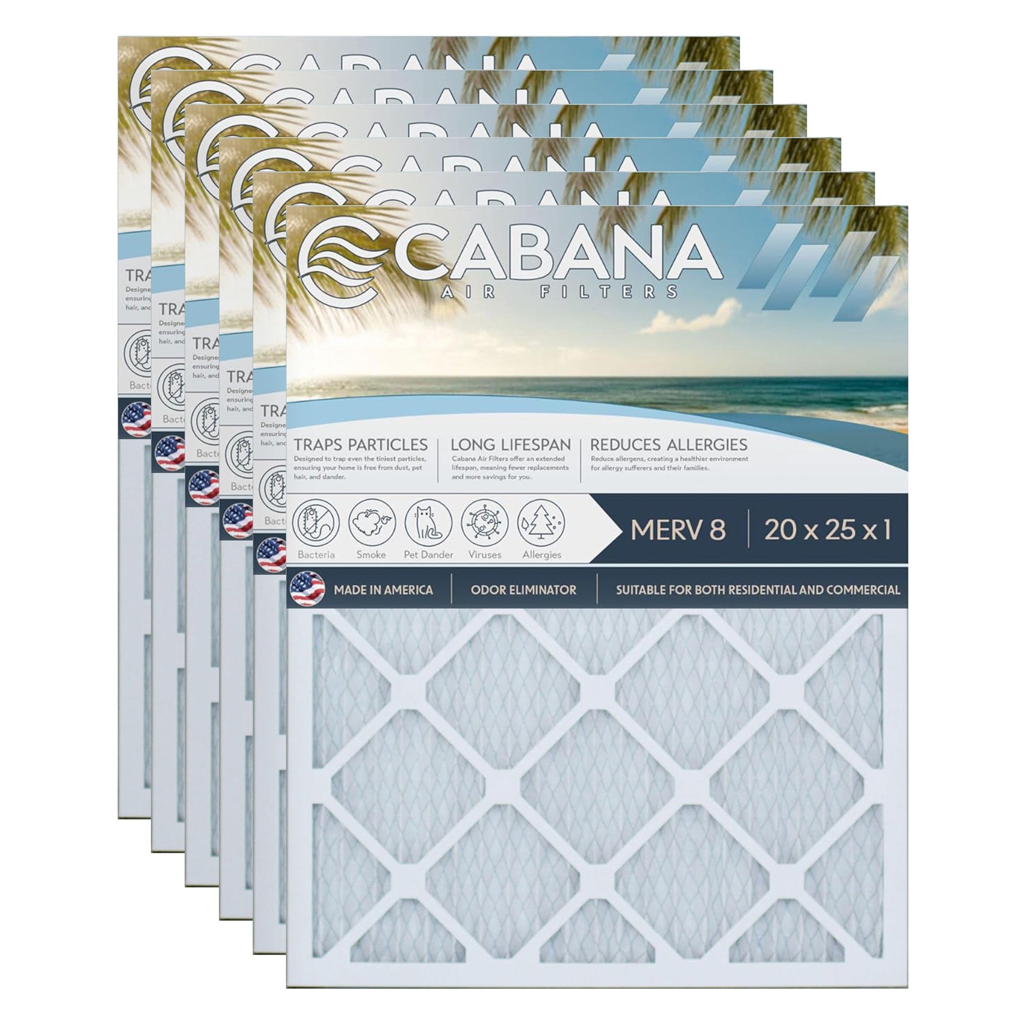 Cabana Air Filters 6pk HVAC Furnace Air Filters, MERV 8, 20 x 25 x 1, (Open Box)