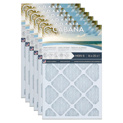 Cabana Air Filters 6pk HVAC Furnace Air Filters, MERV 8, 16 x 25 x 1 (Open Box)
