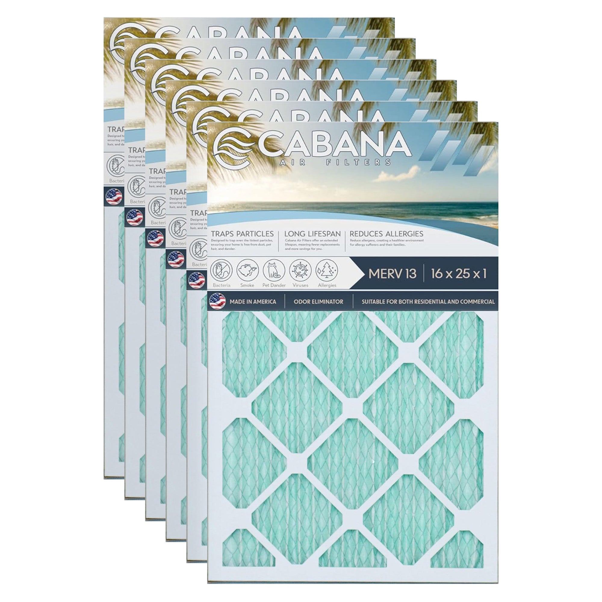 Cabana Air Filters 6pk HVAC Furnace Air Filters, MERV 13, 16 x 25 x 1 (Open Box)