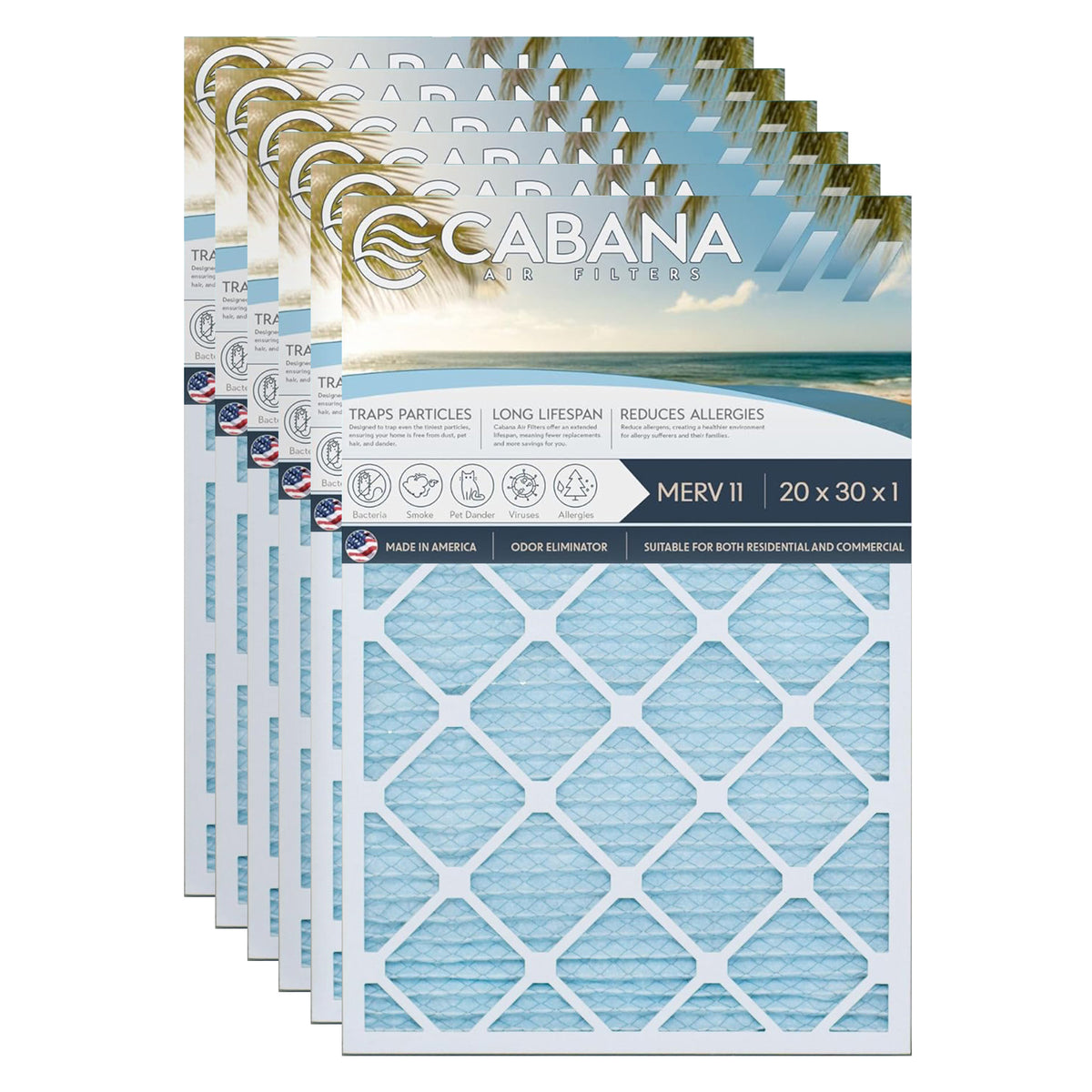 Cabana Air Filters 6 Pack HVAC Furnace Air Filters, MERV 11, 20 x 30 x 1, White