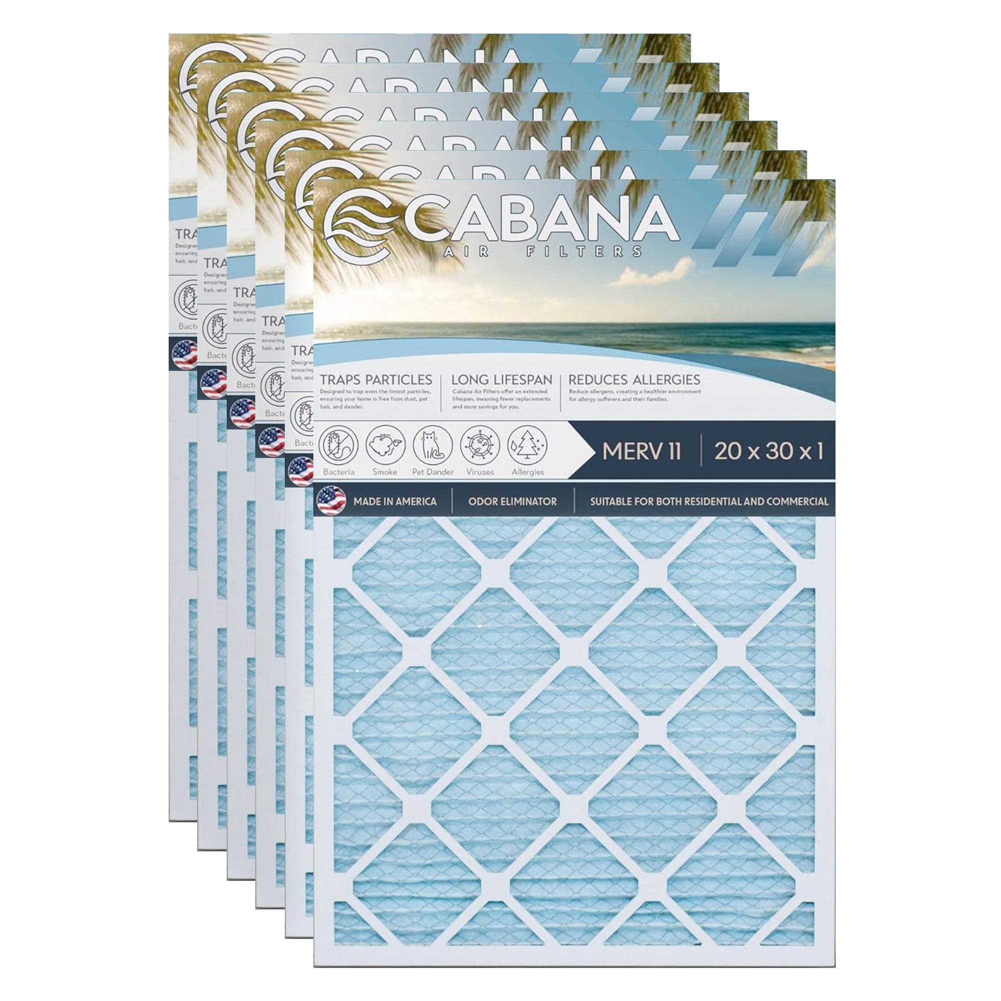 Cabana Air Filters 6pk HVAC Furnace Air Filters, MERV 11, 20 x 30 x 1 (Open Box) - VMInnovations