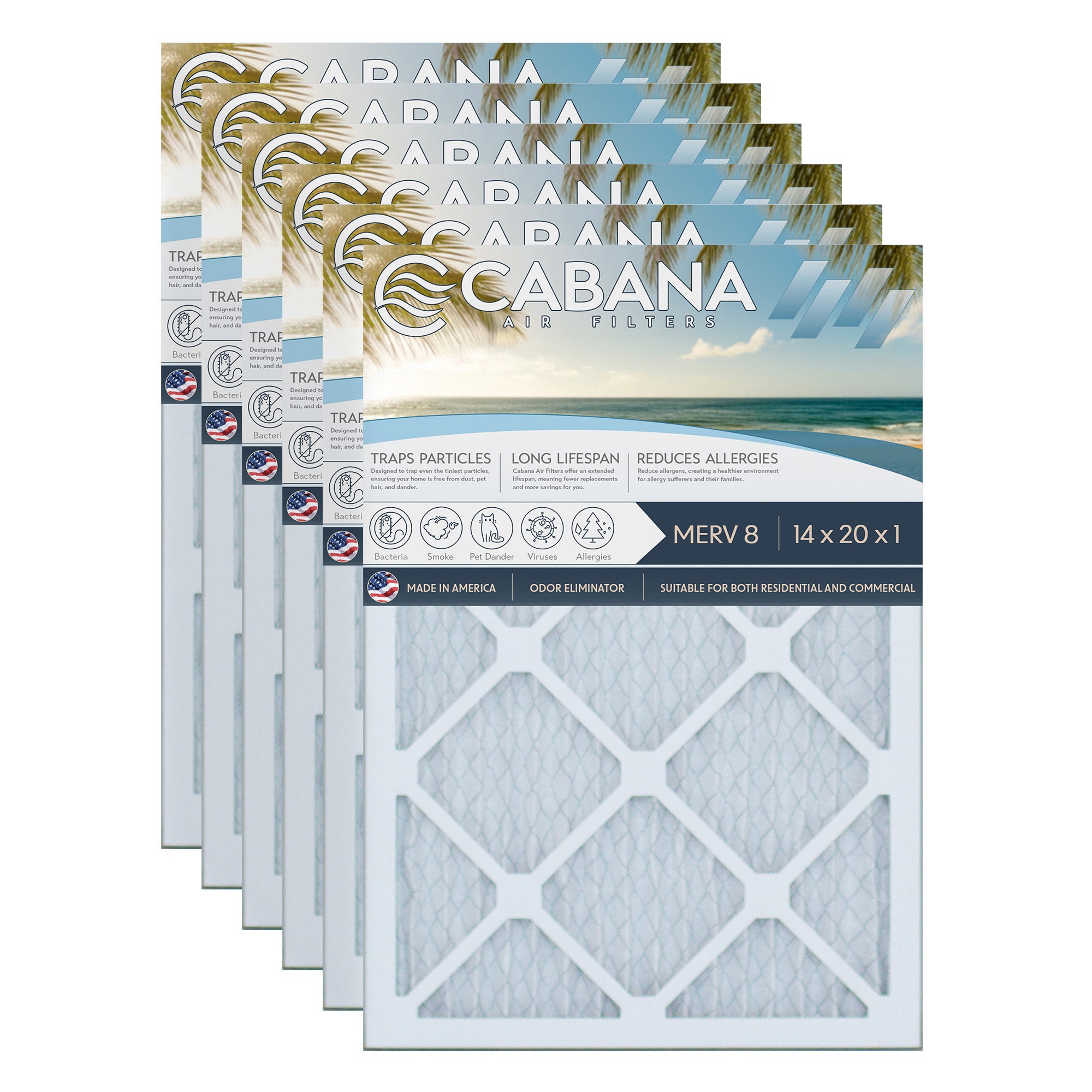 Cabana Air Filters 6 Pack HVAC Furnace Air Filters, MERV 8, 14 x 20 x 1, White - VMInnovations