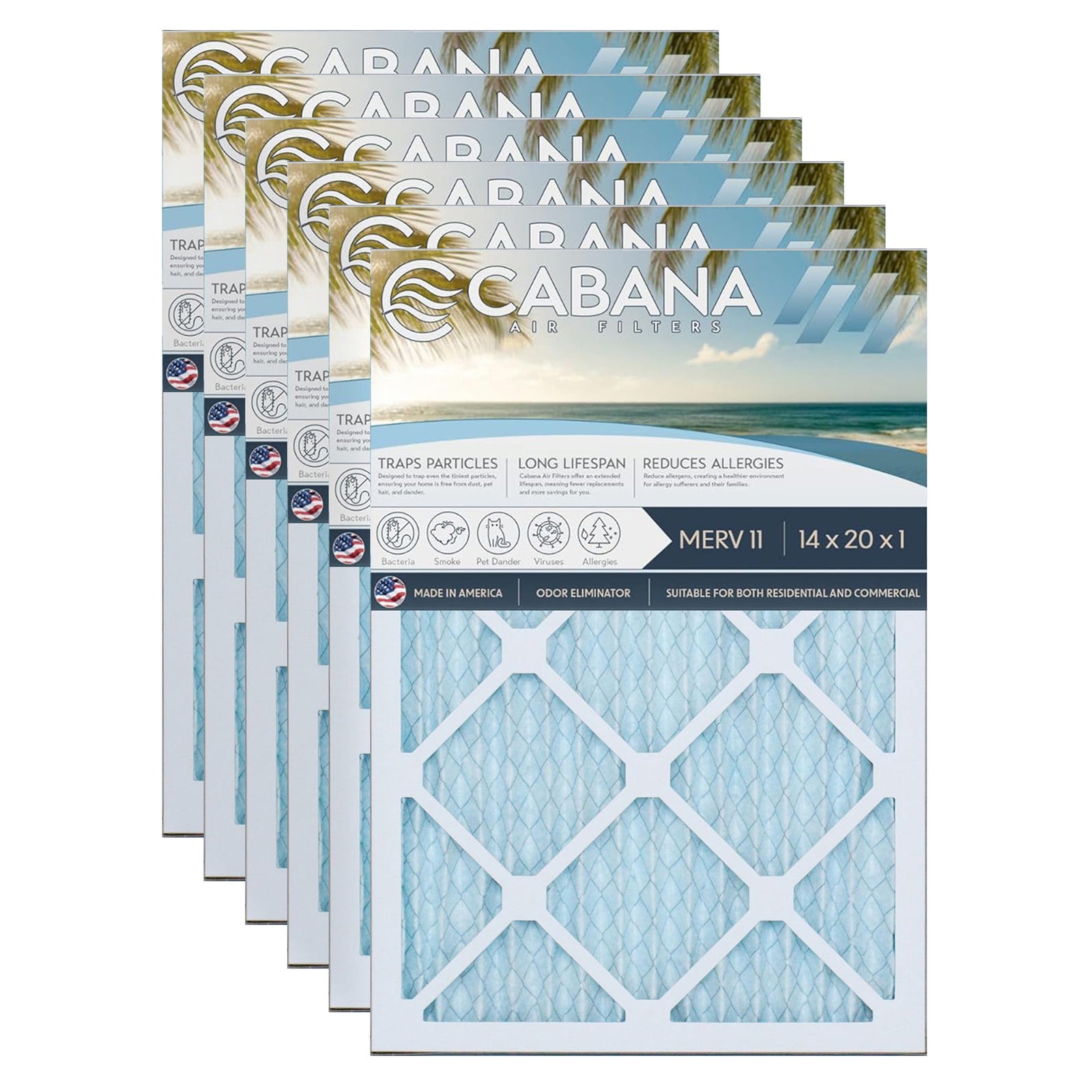 Cabana Air Filters 6 Pack HVAC Furnace Air Filters, MERV 11, 14 x 20 x 1, White - VMInnovations