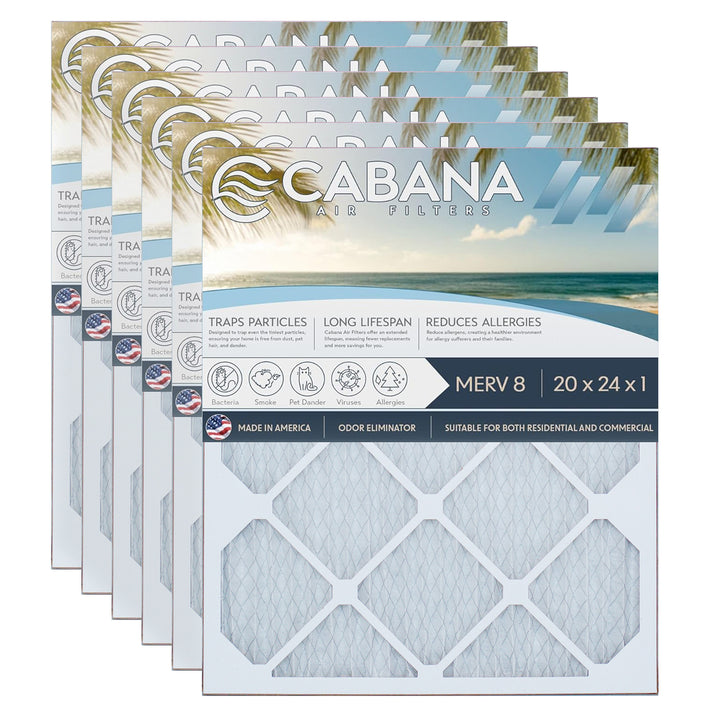 Cabana Air Filters 6 Pack HVAC Furnace Air Filters, MERV 8, 20 x 24 x 1, White (Open Box)