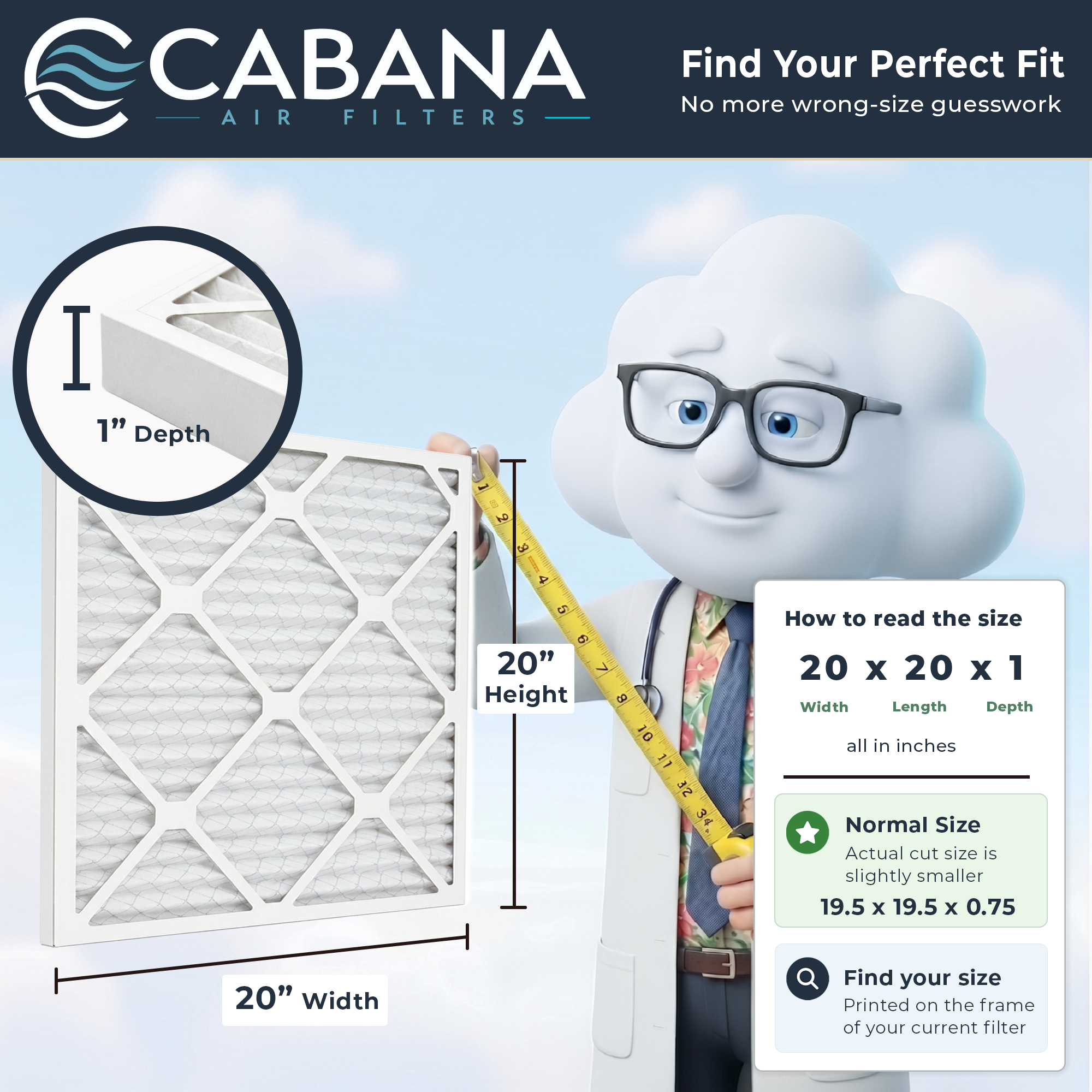 Cabana Air Filters 6 Pack HVAC Furnace Air Filters, MERV 8, 20 x 20 x 1, White