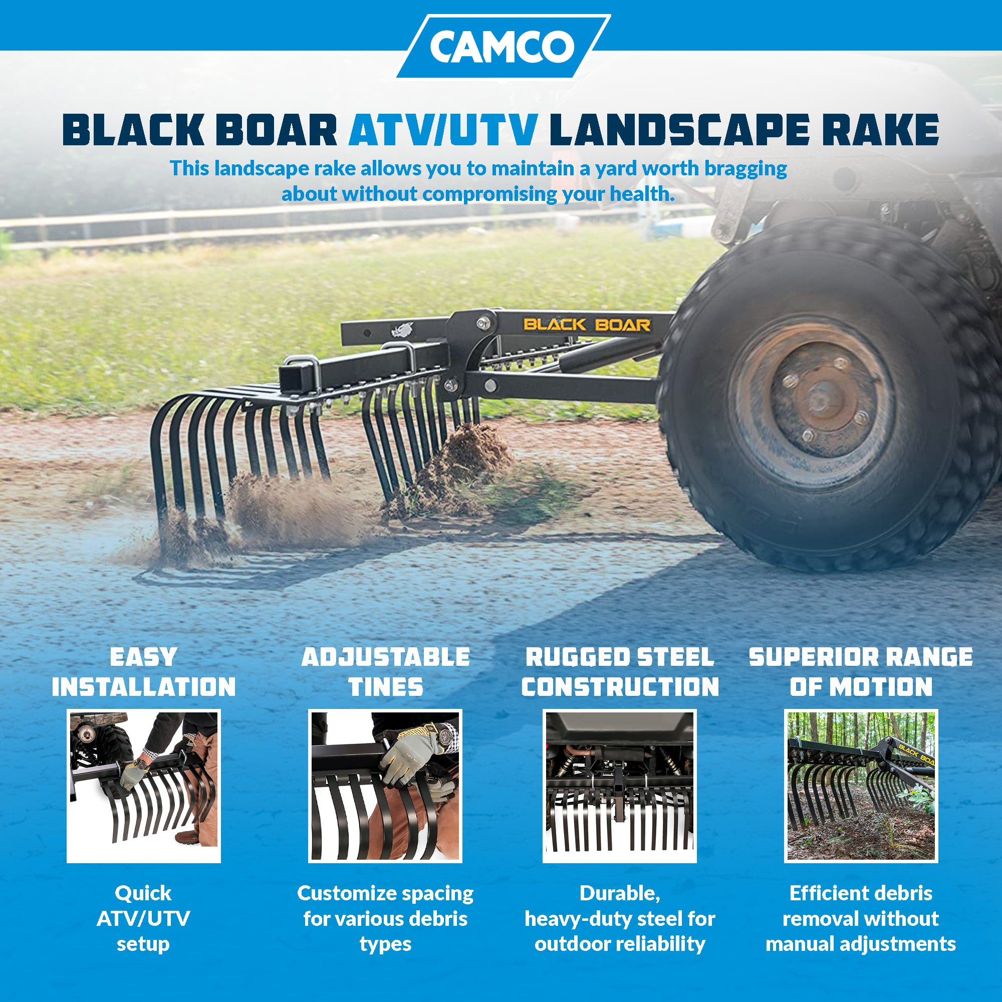 Camco Black Boar ATV/UTV Implement Custom Vehicle Landscape Rake Tool (Open Box) - VMInnovations