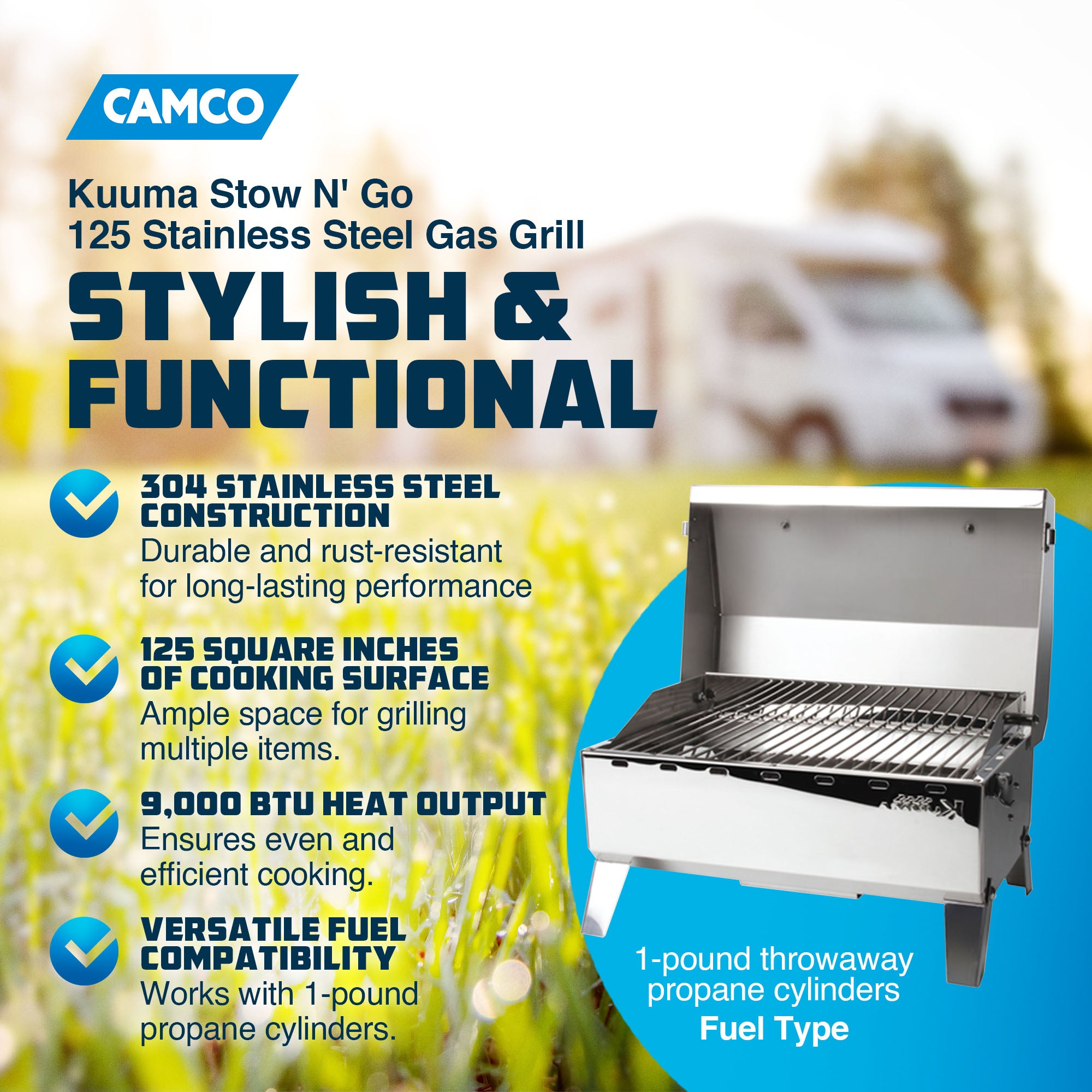 Camco Kuuma Stow N Go 125 Stainless Steel Gas Grill with Mount Design, Silver