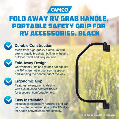 Camco Fold Away RV Grab Handle, Portable Safety Grip for RV, Black(Open Box) - VMInnovations