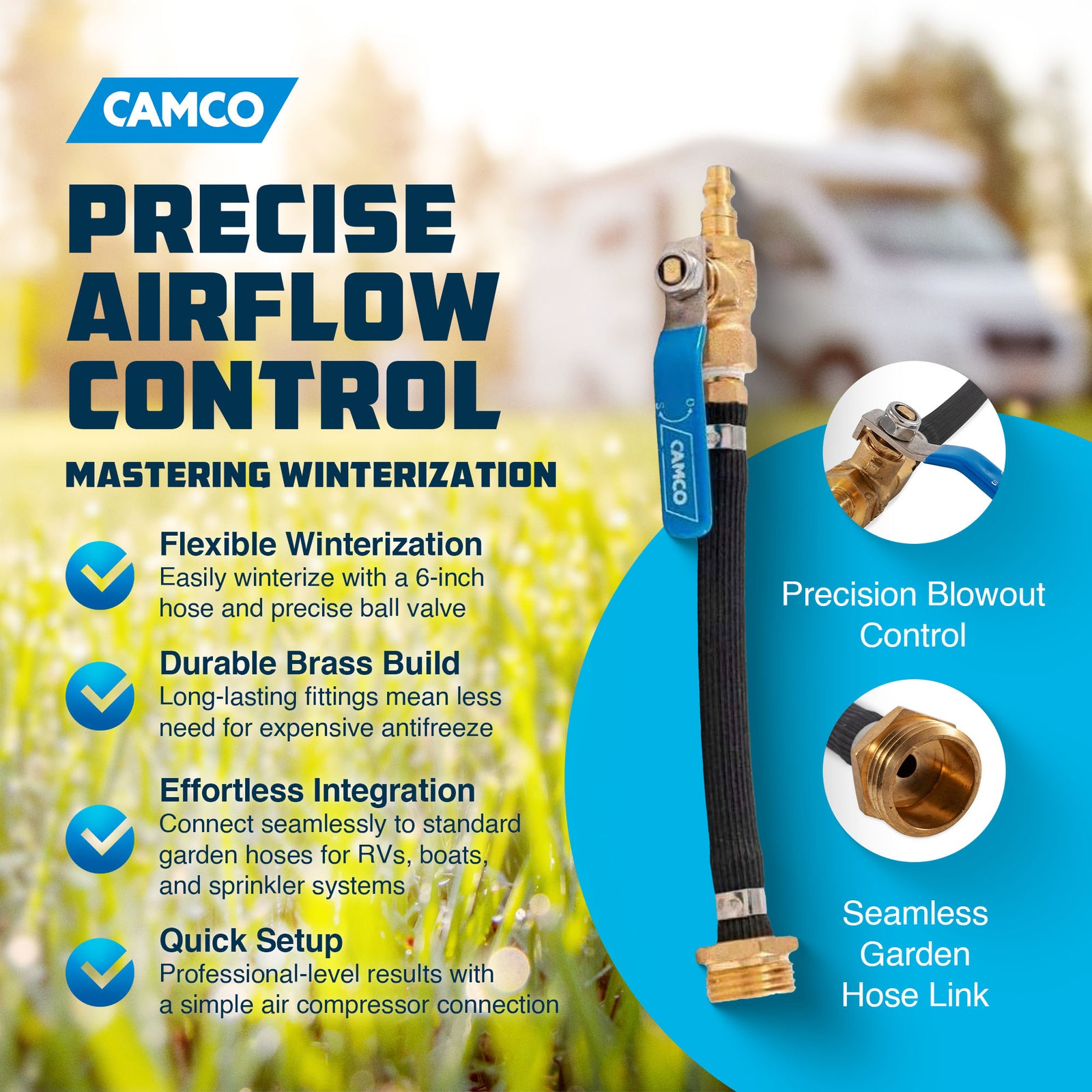 Camco 36170 RV Fresh Water Blow Out Hose Kit with Ball Valve and Brass Fittings - VMInnovations