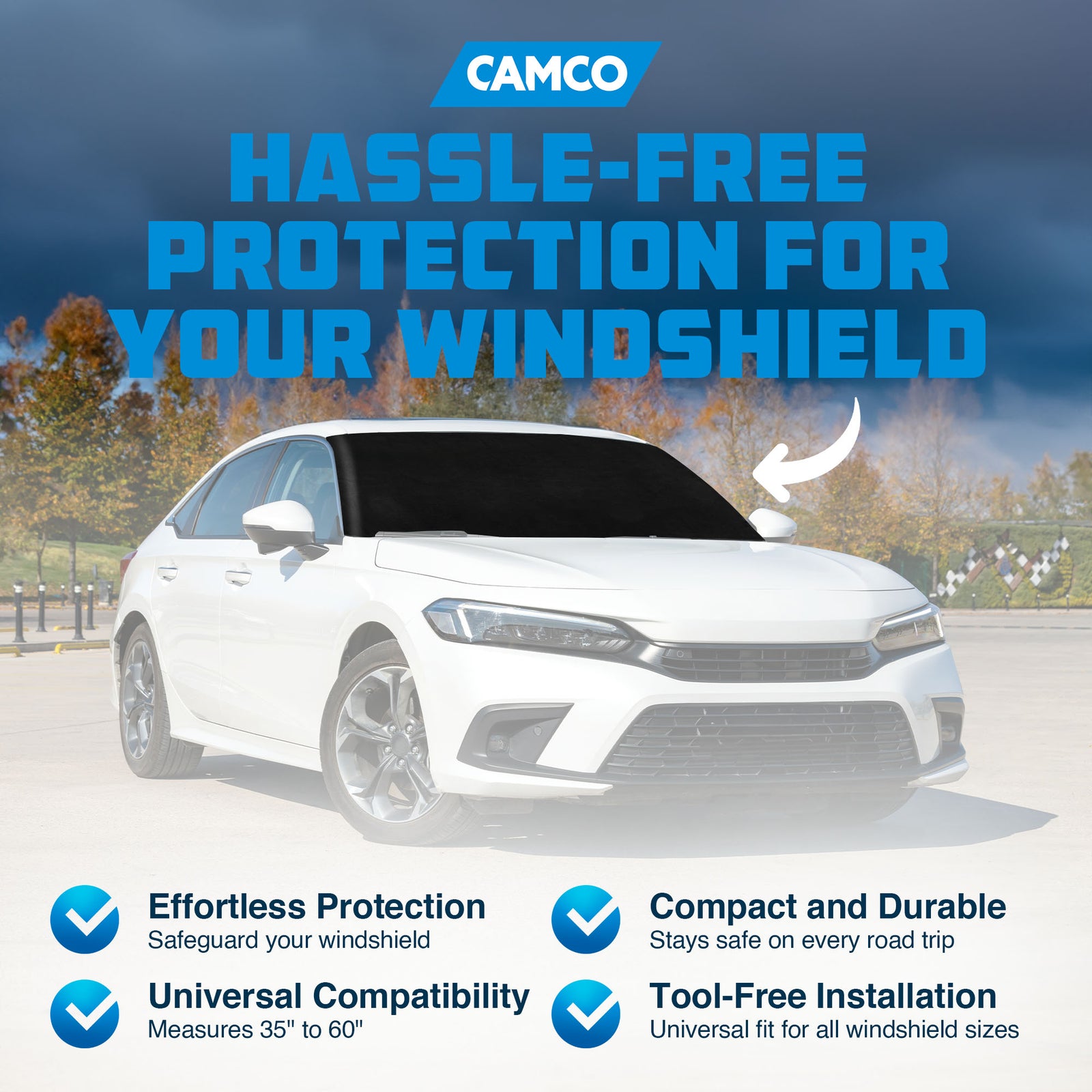 Camco Durable Compact Universal On the Go RV Tow Car Windshield Protector, Black - VMInnovations