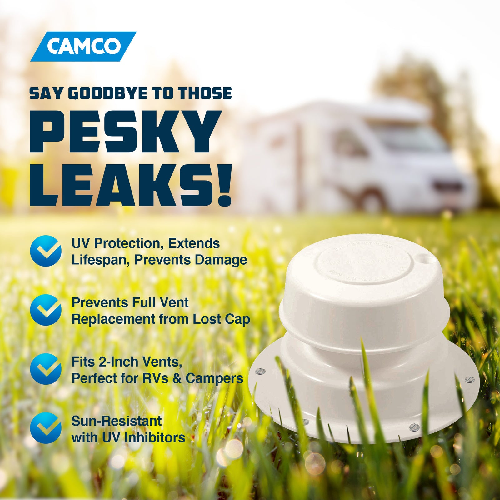Camco Replacement All Plumbing Vent Cap w/Spring Tension Attachment, Polar White - VMInnovations