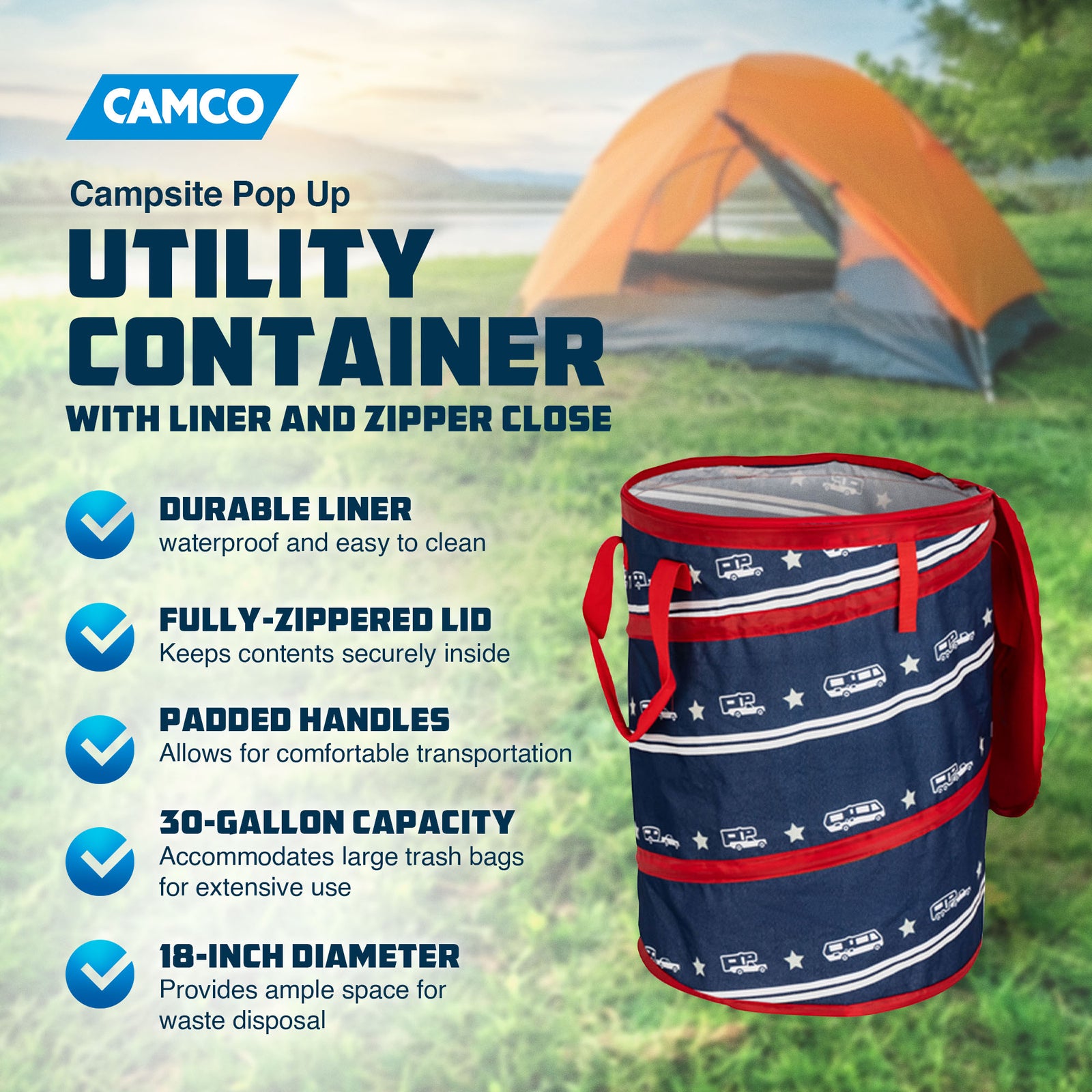 Camco Campsite Pop Up Utility Container with Liner and Zipper Close, Patriotic - VMInnovations