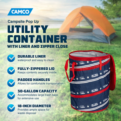 Camco Campsite Pop Up Utility Container with Liner and Zipper Close, Patriotic - VMInnovations