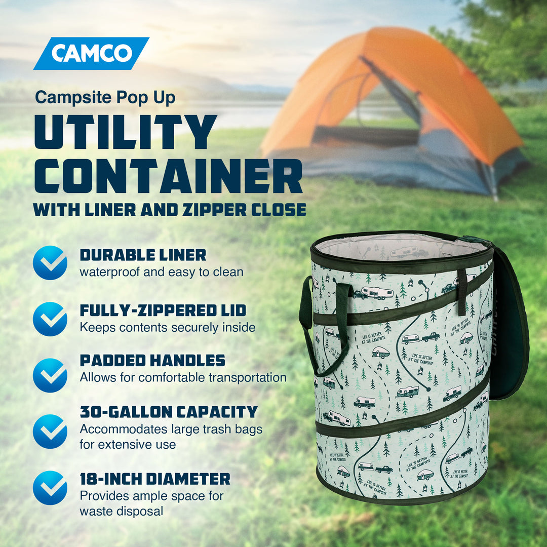 Camco Campsite Pop Up Utility Container with Liner and Zipper Close, Map Design