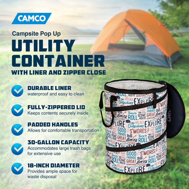 Camco Campsite Pop Up Utility Container with Liner and Zipper Close, Multicolor