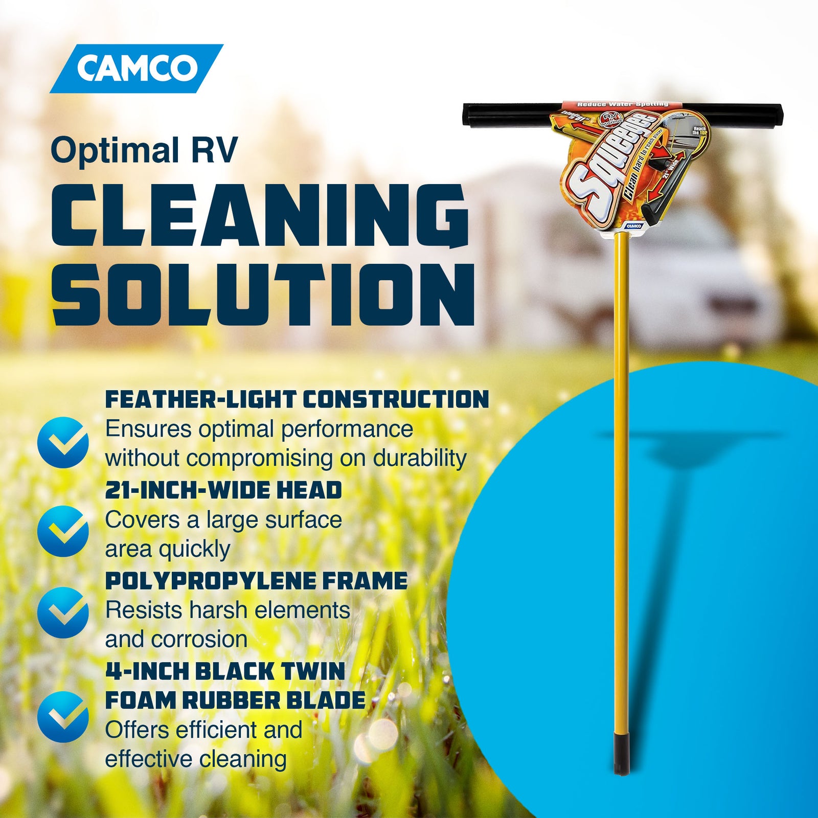 Camco 21 Inch Ultimate Lightweight RV Squeegee with Extend Handle, Black/Yellow - VMInnovations