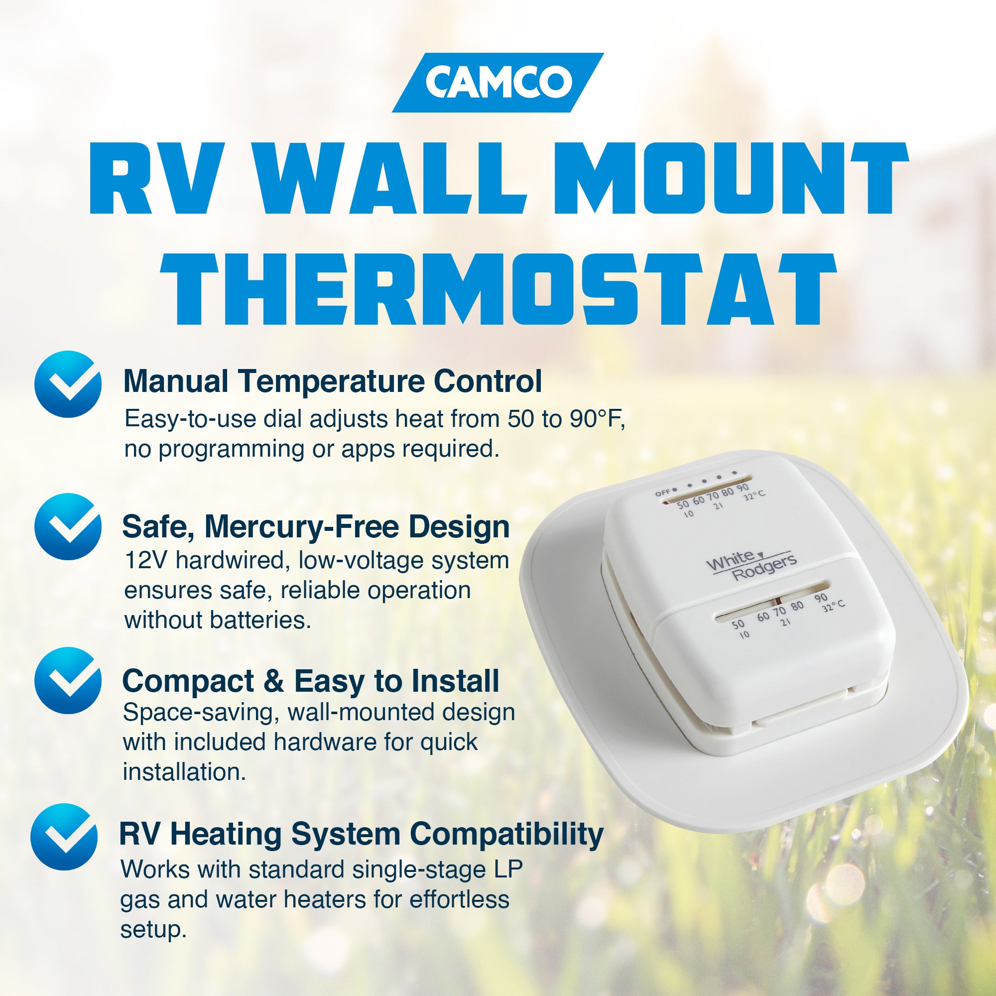 Camco RV Home Thermostat, Wall Mount Dial, Control Temperature, Heat Only, White - VMInnovations