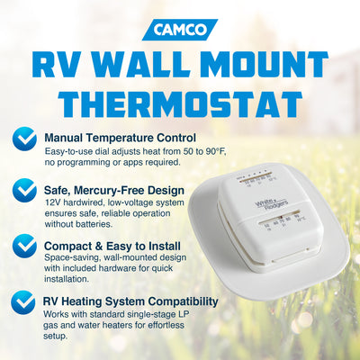 Camco RV Home Thermostat, Wall Mount Dial, Control Temperature, Heat Only, White - VMInnovations