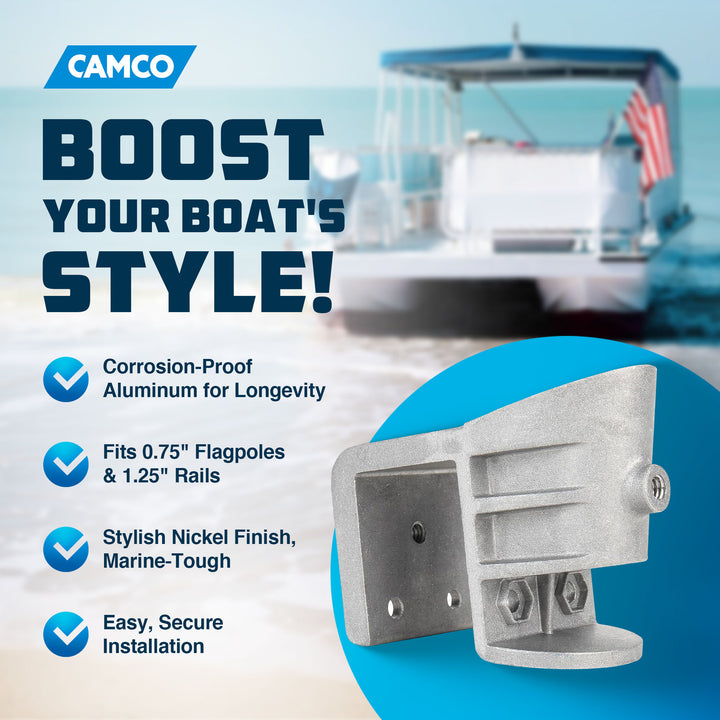 Camco Pontoon Boat Flagpole w/Screws & Mounted Hardware,Brushed Nickel(Open Box)